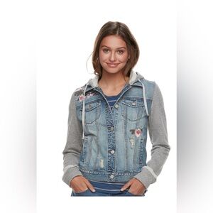 Mudd Floral Hooded Knit Sleeve Denim Jacket